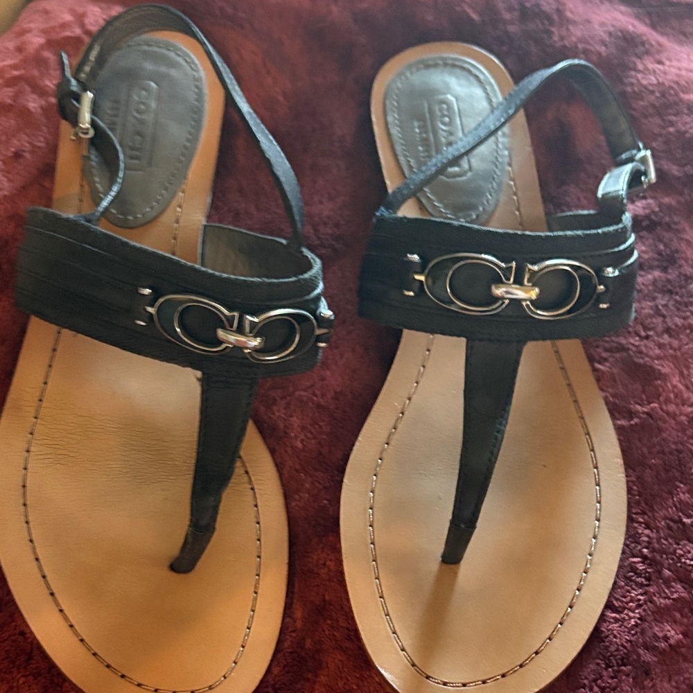Coach Black Leather Sandals with Silver Accents